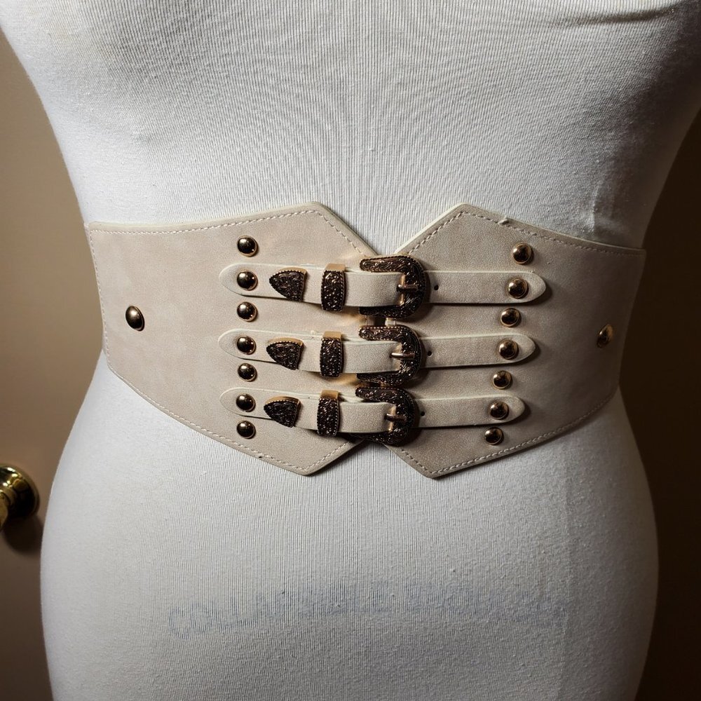 Cream & Gold Vintage Style 3-Buckle Cumberbund Belt - Elastic Back - Snap - Picture 4 of 7